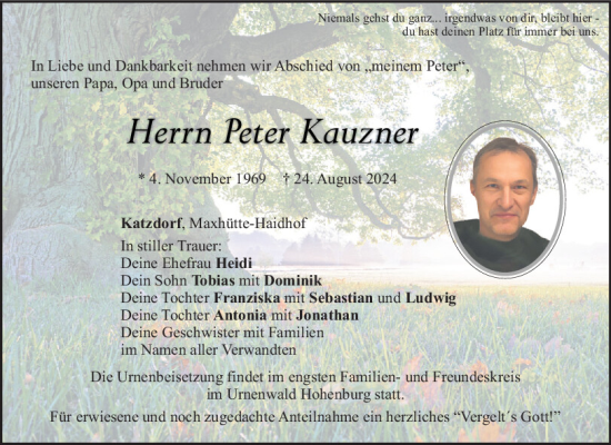 Traueranzeige von Peter Kauzner von Mittelbayerische Zeitung Schwandorf