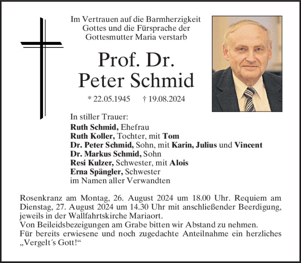  Traueranzeige für Peter Schmid vom 24.08.2024 aus Mittelbayerische Zeitung Regensburg