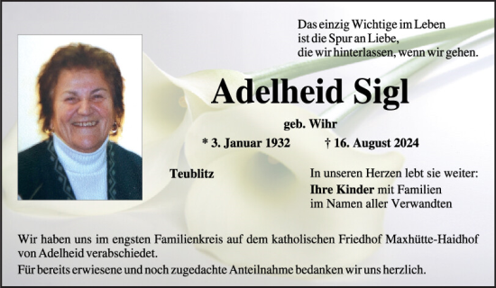 Traueranzeige von Adelheid Sigl von Mittelbayerische Zeitung Schwandorf