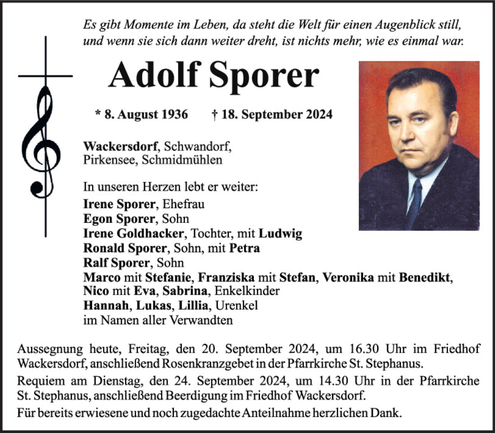  Traueranzeige für Adolf Sporer vom 20.09.2024 aus Mittelbayerische Zeitung Schwandorf