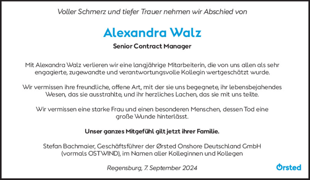  Traueranzeige für Alexandra Walz vom 07.09.2024 aus Mittelbayerische Zeitung Gesamtausgabe