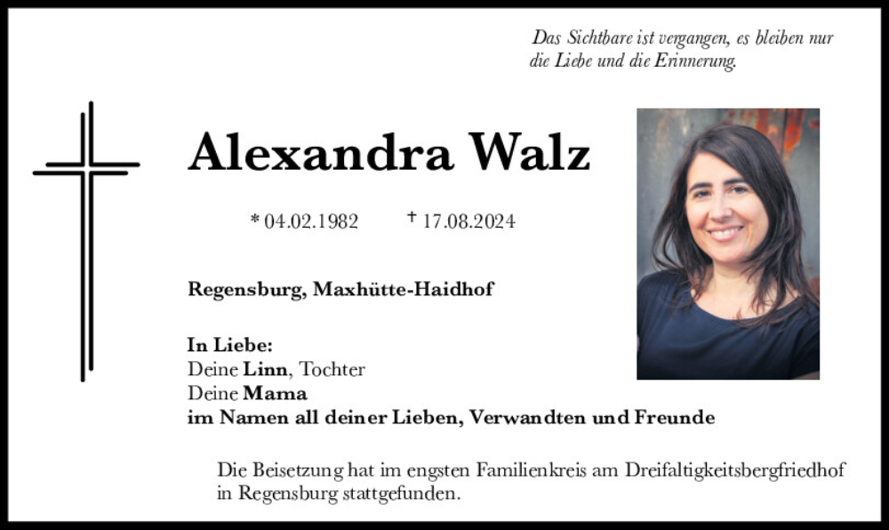  Traueranzeige für Alexandra Walz vom 07.09.2024 aus Mittelbayerische Zeitung Regensburg