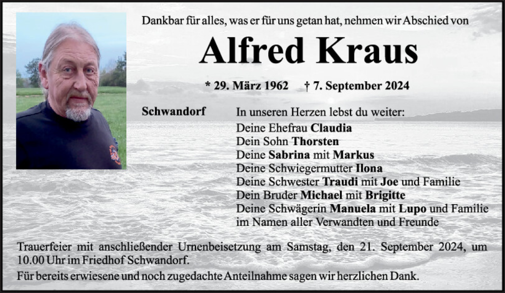  Traueranzeige für Alfred Kraus vom 14.09.2024 aus Mittelbayerische Zeitung Schwandorf