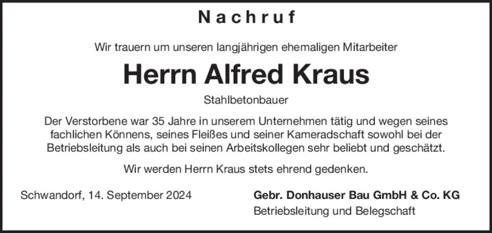  Traueranzeige für Alfred Kraus vom 14.09.2024 aus Mittelbayerische Zeitung Schwandorf