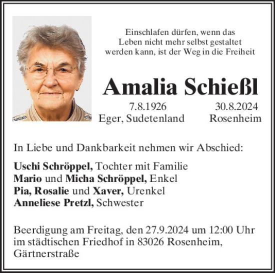 Traueranzeige von Amalia Schießl von Mittelbayerische Zeitung Schwandorf