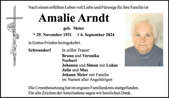 Traueranzeige von Amalie Arndt von Mittelbayerische Zeitung Schwandorf