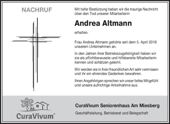 Traueranzeige von Andrea Altmann von Mittelbayerische Zeitung Schwandorf