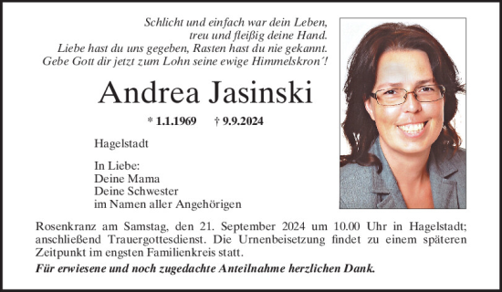 Traueranzeige von Andrea Jasinski von Mittelbayerische Zeitung Regensburg