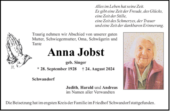 Traueranzeige von Anna Jobst von Mittelbayerische Zeitung Schwandorf