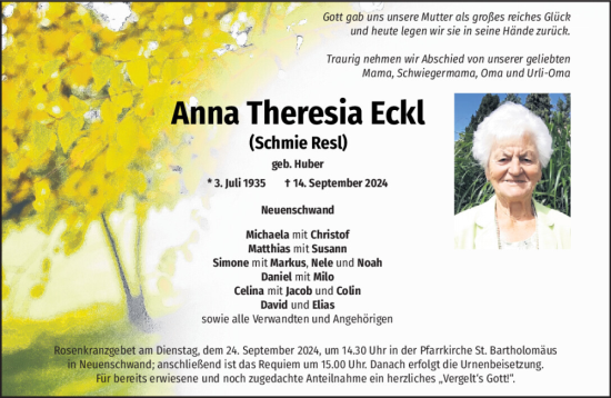 Traueranzeige von Anna Theresia Eckl von Mittelbayerische Zeitung Schwandorf