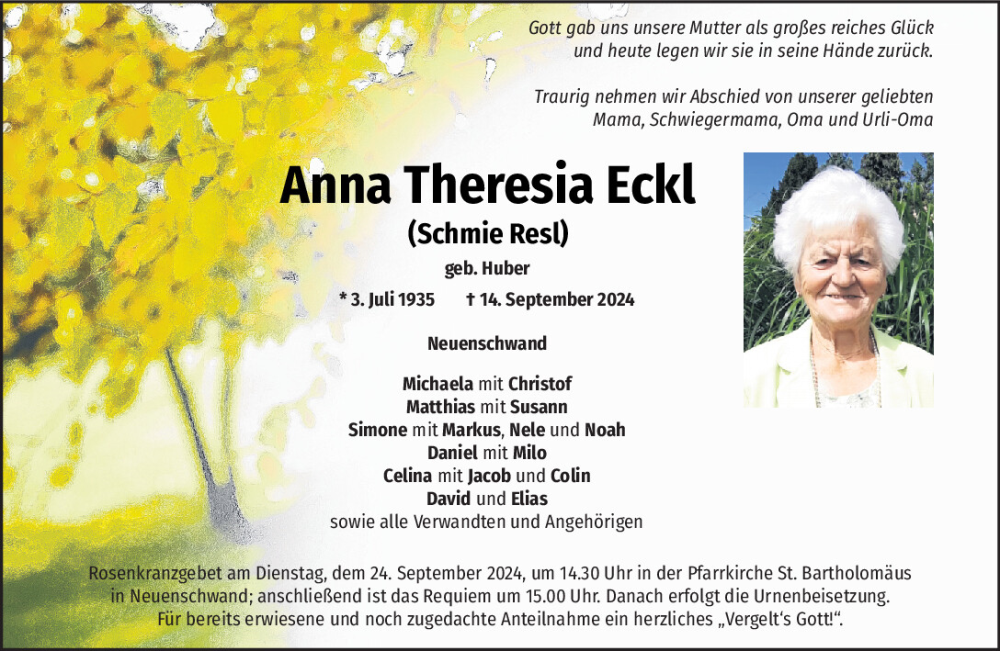  Traueranzeige für Anna Theresia Eckl vom 20.09.2024 aus Mittelbayerische Zeitung Schwandorf