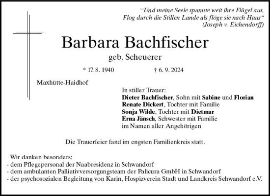 Traueranzeige von Barbara Bachfischer von Mittelbayerische Zeitung Schwandorf