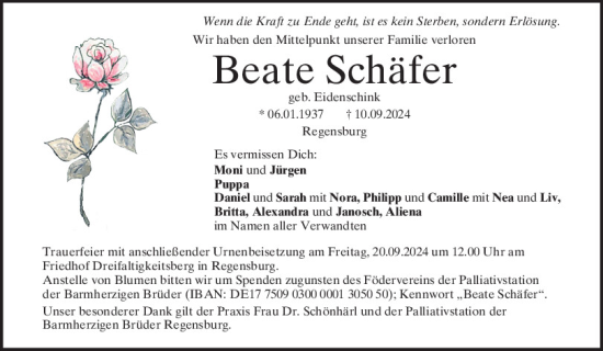 Traueranzeige von Beate Schäfer von Mittelbayerische Zeitung Regensburg