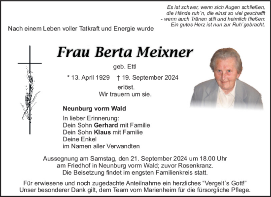 Traueranzeige von Berta Meixner von Mittelbayerische Zeitung Schwandorf