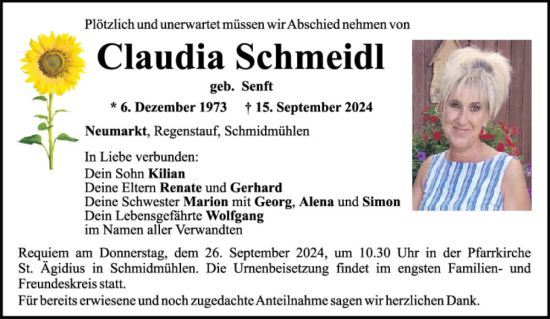 Traueranzeige von Claudia Schmeidl von Neumarkter Tagblatt