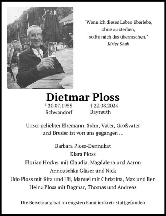 Traueranzeige von Dietmar Ploss von Mittelbayerische Zeitung Schwandorf