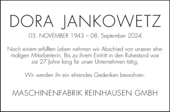 Traueranzeige von Dora Jankowetz von Mittelbayerische Zeitung Regensburg