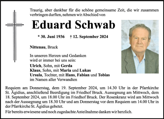 Traueranzeige von Eduard Schwab von Mittelbayerische Zeitung Schwandorf