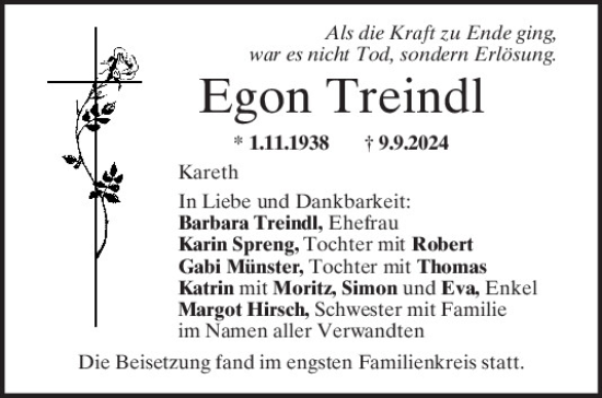 Traueranzeige von Egon Treindl von Mittelbayerische Zeitung Regensburg