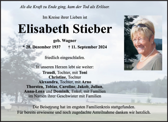 Traueranzeige von Elisabeth Stieber von Mittelbayerische Zeitung Schwandorf