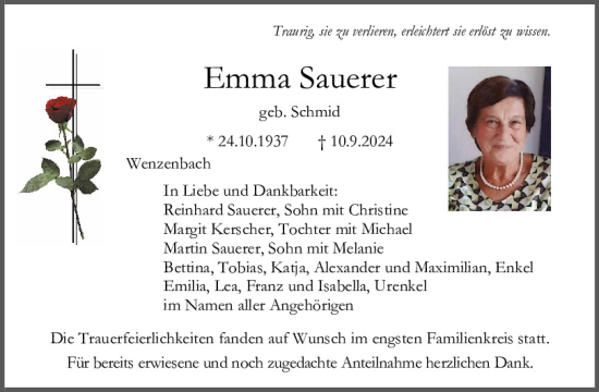 Traueranzeige von Emma Sauerer von Mittelbayerische Zeitung Regensburg