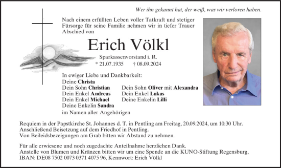 Traueranzeige von Erich Völkl von Mittelbayerische Zeitung Regensburg