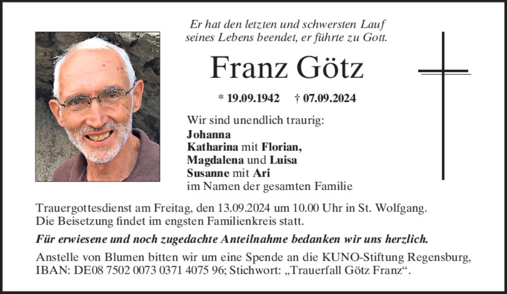  Traueranzeige für Franz Götz vom 11.09.2024 aus Mittelbayerische Zeitung Regensburg