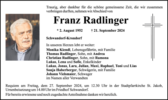 Traueranzeige von Franz Radlinger von Mittelbayerische Zeitung Schwandorf