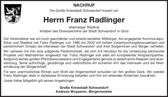 Traueranzeige von Franz Radlinger von Mittelbayerische Zeitung Schwandorf