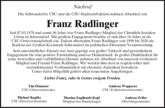 Traueranzeige von Franz Radlinger von Mittelbayerische Zeitung Schwandorf