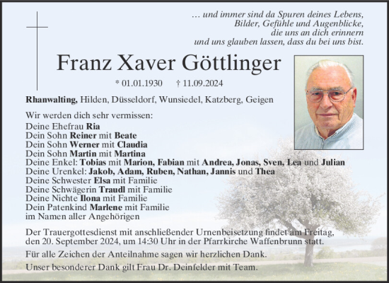 Traueranzeige von Franz Xaver Göttlinger von Bayerwald Echo