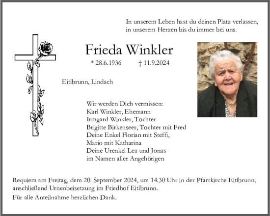 Traueranzeige von Frieda Winkler von Mittelbayerische Zeitung Regensburg