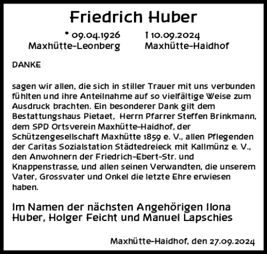 Traueranzeige von Friedrich Huber von Mittelbayerische Zeitung Schwandorf