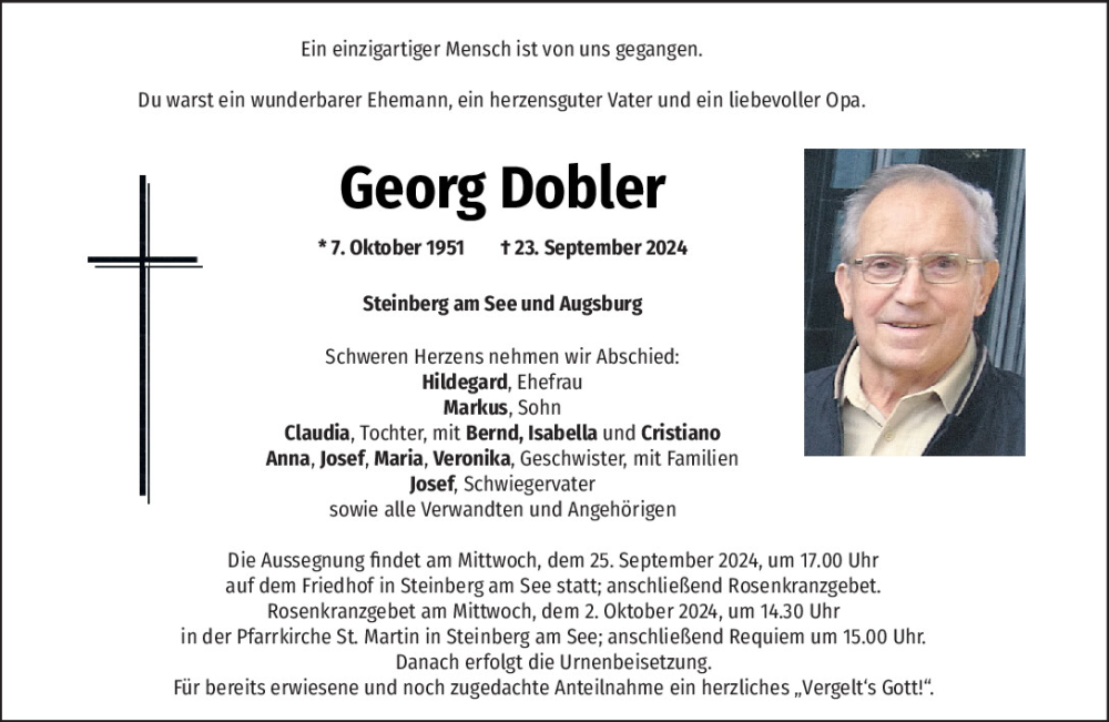  Traueranzeige für Georg Dobler vom 25.09.2024 aus Mittelbayerische Zeitung Schwandorf