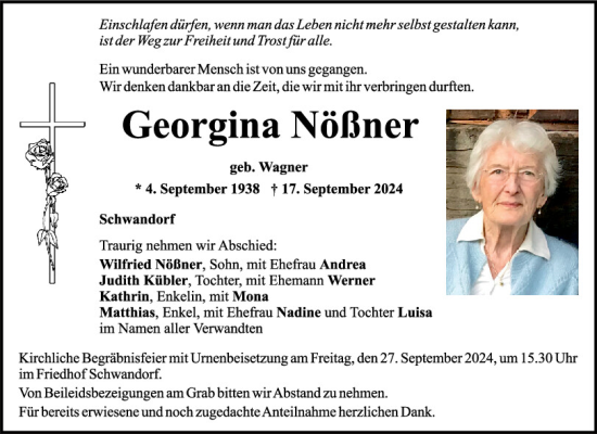 Traueranzeige von Georgina Nößner von Mittelbayerische Zeitung Schwandorf