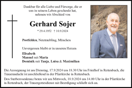 Traueranzeige von Gerhard Sojer von Bayerwald Echo