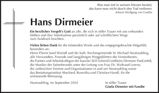 Traueranzeige von Hans Dirmeier von Mittelbayerische Zeitung Regensburg