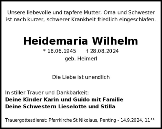 Traueranzeige von Heidemaria Wilhelm von Mittelbayerische Zeitung Schwandorf