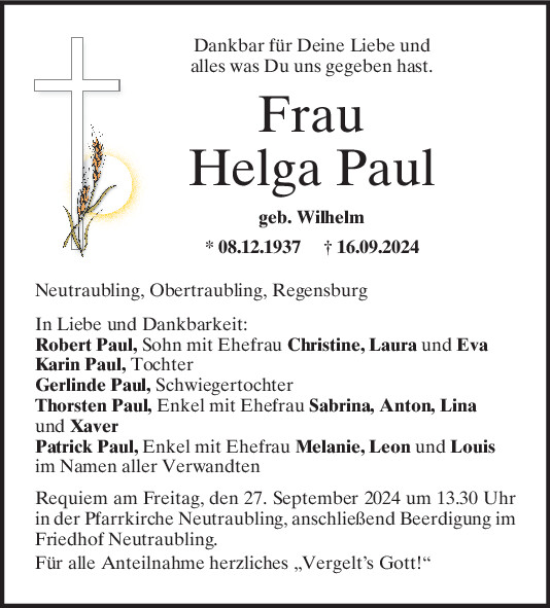 Traueranzeige von Helga Paul von Mittelbayerische Zeitung Regensburg