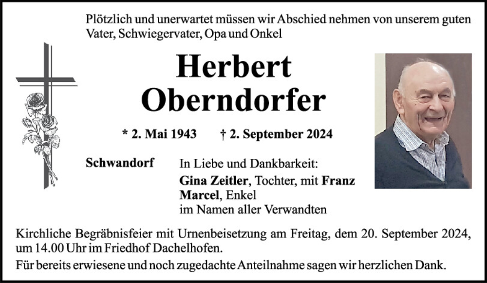  Traueranzeige für Herbert Oberndorfer vom 14.09.2024 aus Mittelbayerische Zeitung Schwandorf