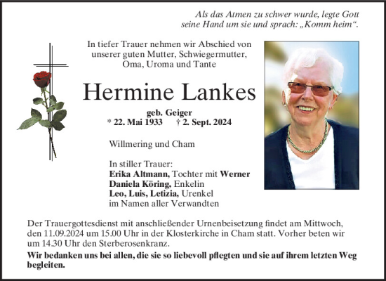 Traueranzeige von Hermine Lankes von Bayerwald Echo