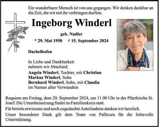 Traueranzeige von Ingeborg Winderl von Mittelbayerische Zeitung Schwandorf