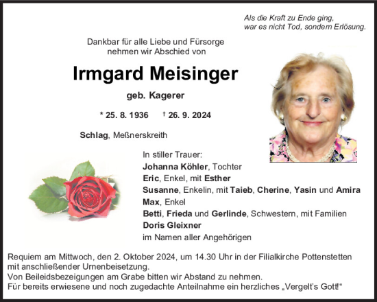 Traueranzeige von Irmgard Meisinger von Mittelbayerische Zeitung Schwandorf