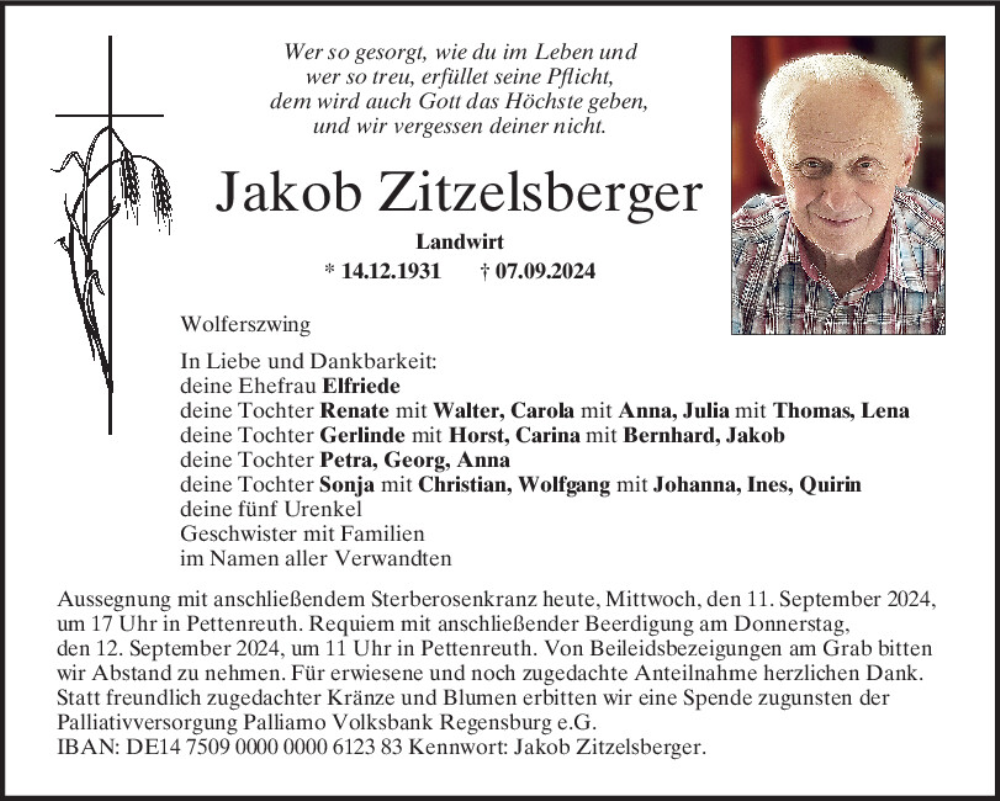  Traueranzeige für Jakob Zitzelsberger vom 11.09.2024 aus Mittelbayerische Zeitung Regensburg