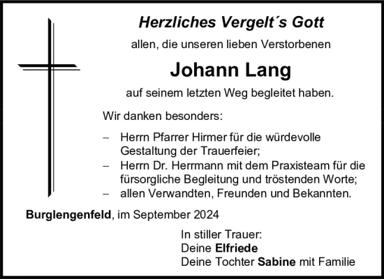 Traueranzeige von Johann Lang von Mittelbayerische Zeitung Schwandorf