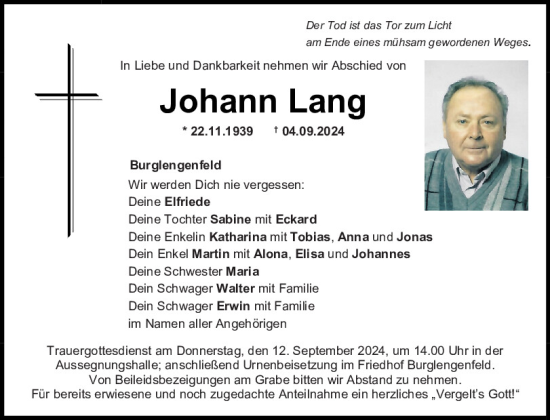 Traueranzeige von Johann Lang von Mittelbayerische Zeitung Schwandorf