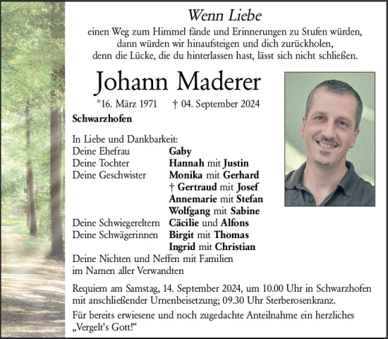 Traueranzeige von Johann Maderer von Mittelbayerische Zeitung Schwandorf