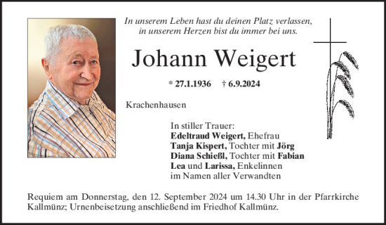 Traueranzeige von Johann Weigert von Mittelbayerische Zeitung Regensburg