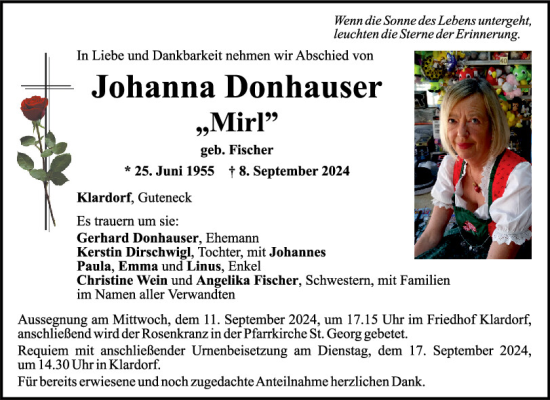 Traueranzeige von Johanna Donhauser von Mittelbayerische Zeitung Schwandorf