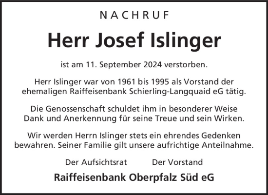 Traueranzeige von Josef Islinger von Mittelbayerische Zeitung Regensburg